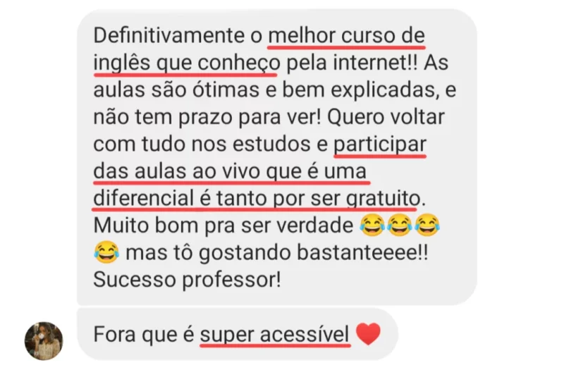 Curso A Jornada do Autodidata em Inglês depoimento e resultados prints de alunos