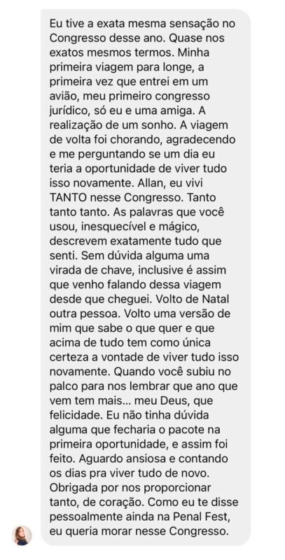 Congresso Brasileiro de Direito Penal depoimento e resultados prints de alunos